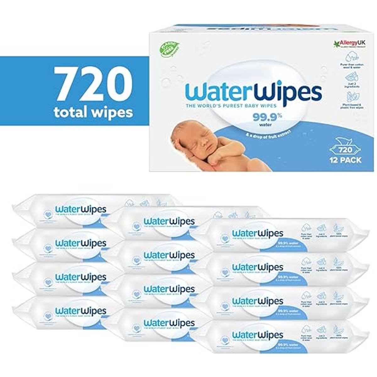 web.1 WaterWipes Original Biodegradable Baby Wipes, 99.9% Water ,720 Count (12 packs) - Image 1