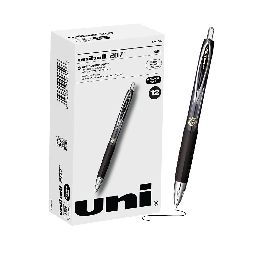 website-28 uni-Ball 704500 Signo 207 Gel Rollerball Pen Retractable Fine 0.7mm Tip 0.5mm Line Black Ref 9004600 Pack Of 12 - Image 1